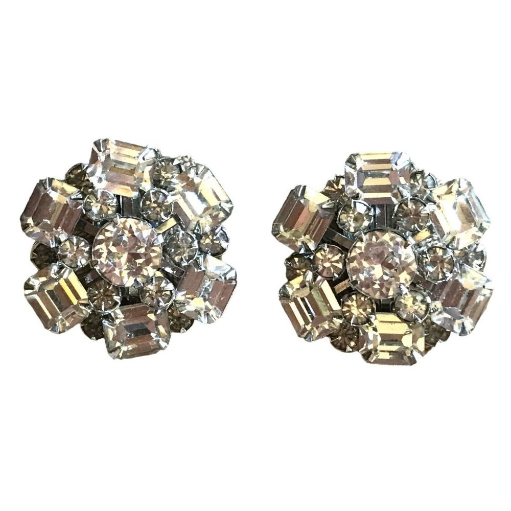 Vintage Signed Weiss Clear Rhinestone Silver Tone Clip On Earrings Starburst